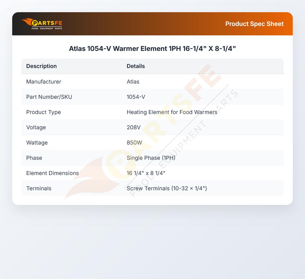 Atlas 1054-V Warmer Element 1PH 16-1/4" X 8-1/4" 850W 208V