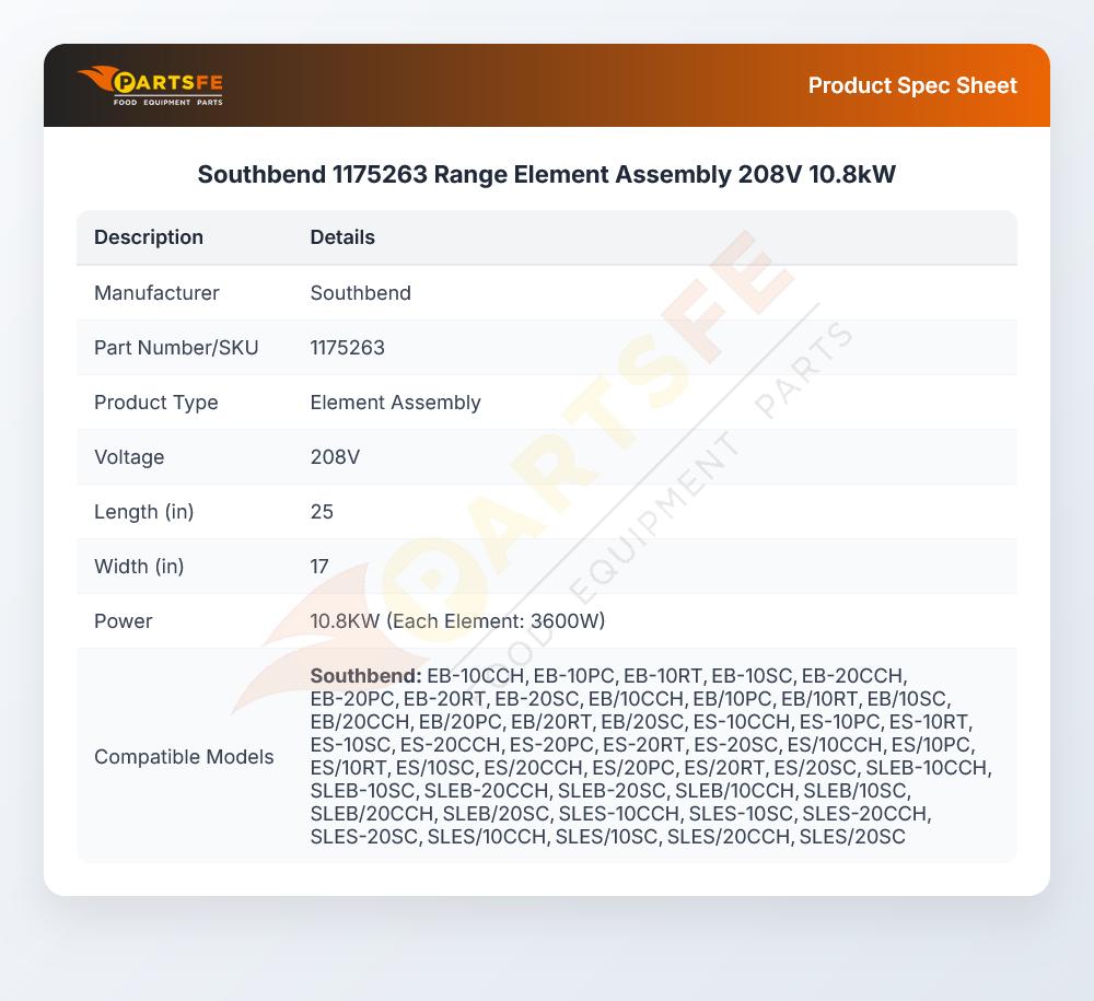 Southbend 1175263 Oven Element Assembly 10.8kW 208V