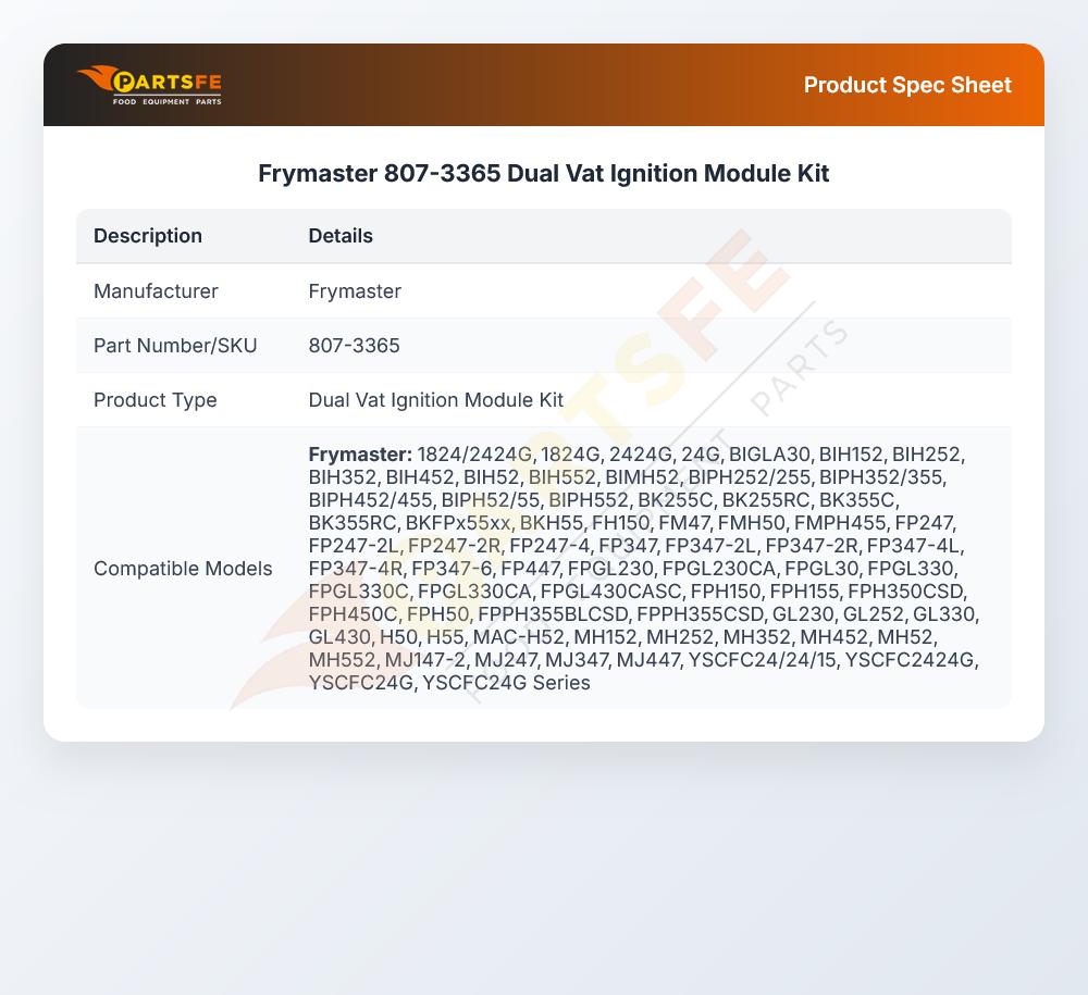 Frymaster 807-3365 Fryer Ignition Module Kit Dual VAT