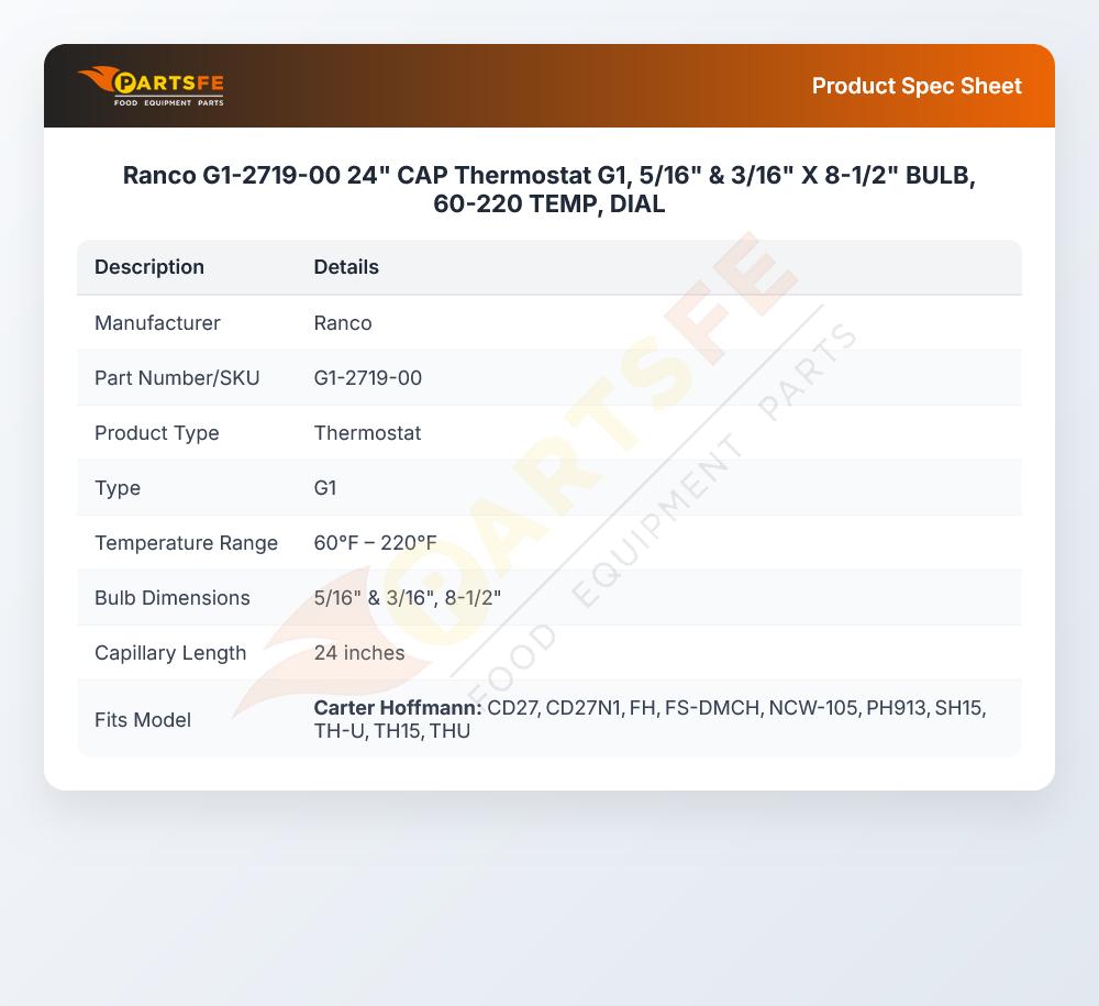 Ranco G1-2719-00 24" CAP Thermostat G1, 5/16" & 3/16" X 8-1/2" BULB, 60-220 TEMP, DIAL