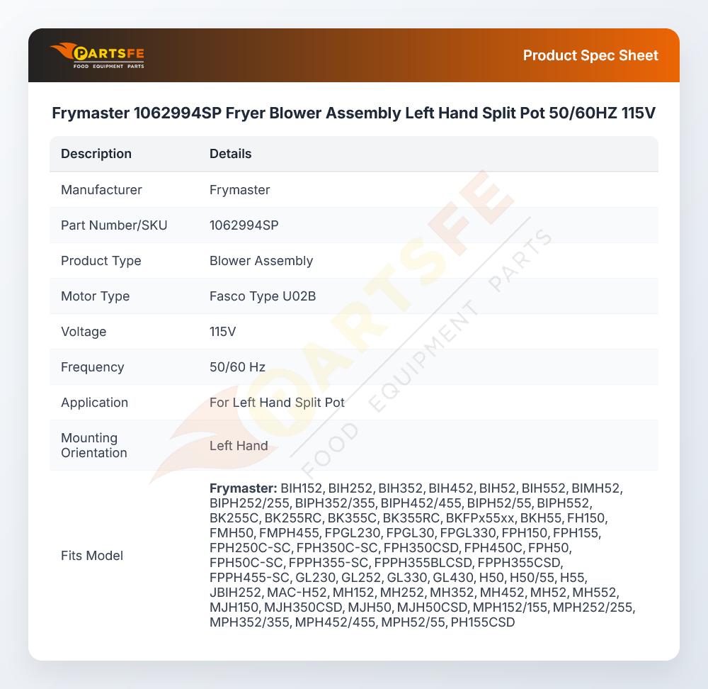 Frymaster 1062994SP Fryer Blower Assembly Left Hand Split Pot 50/60HZ 115V