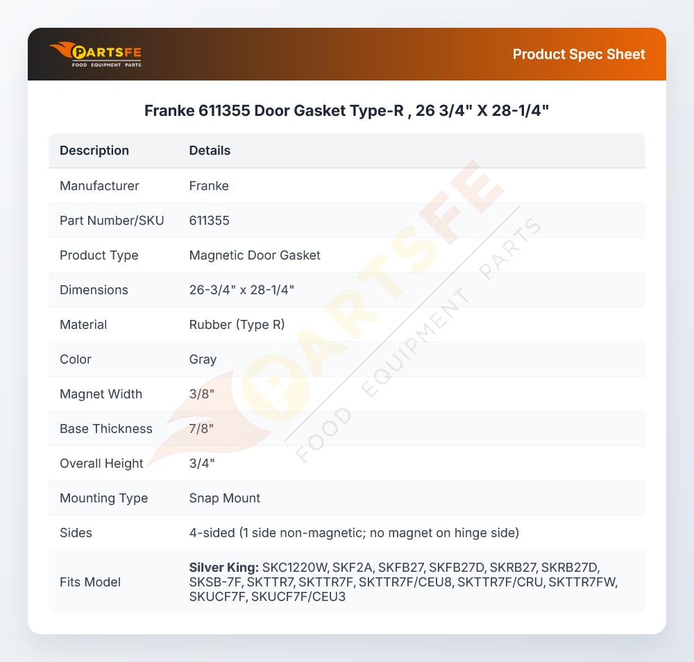 Franke 611355 Door Gasket Type-R , 26 3/4" X 28-1/4"