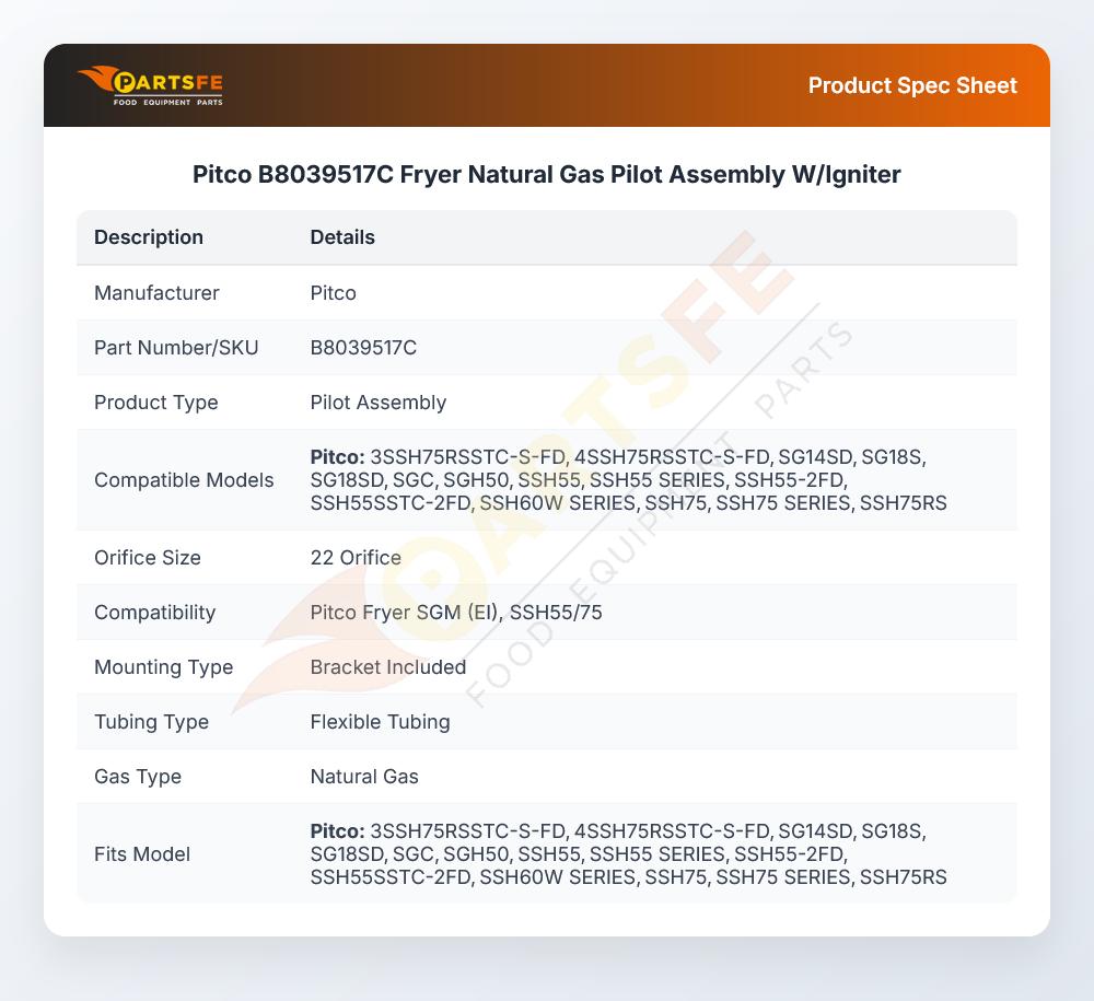 Pitco B8039517C Fryer Natural Gas Pilot Assembly W/Igniter