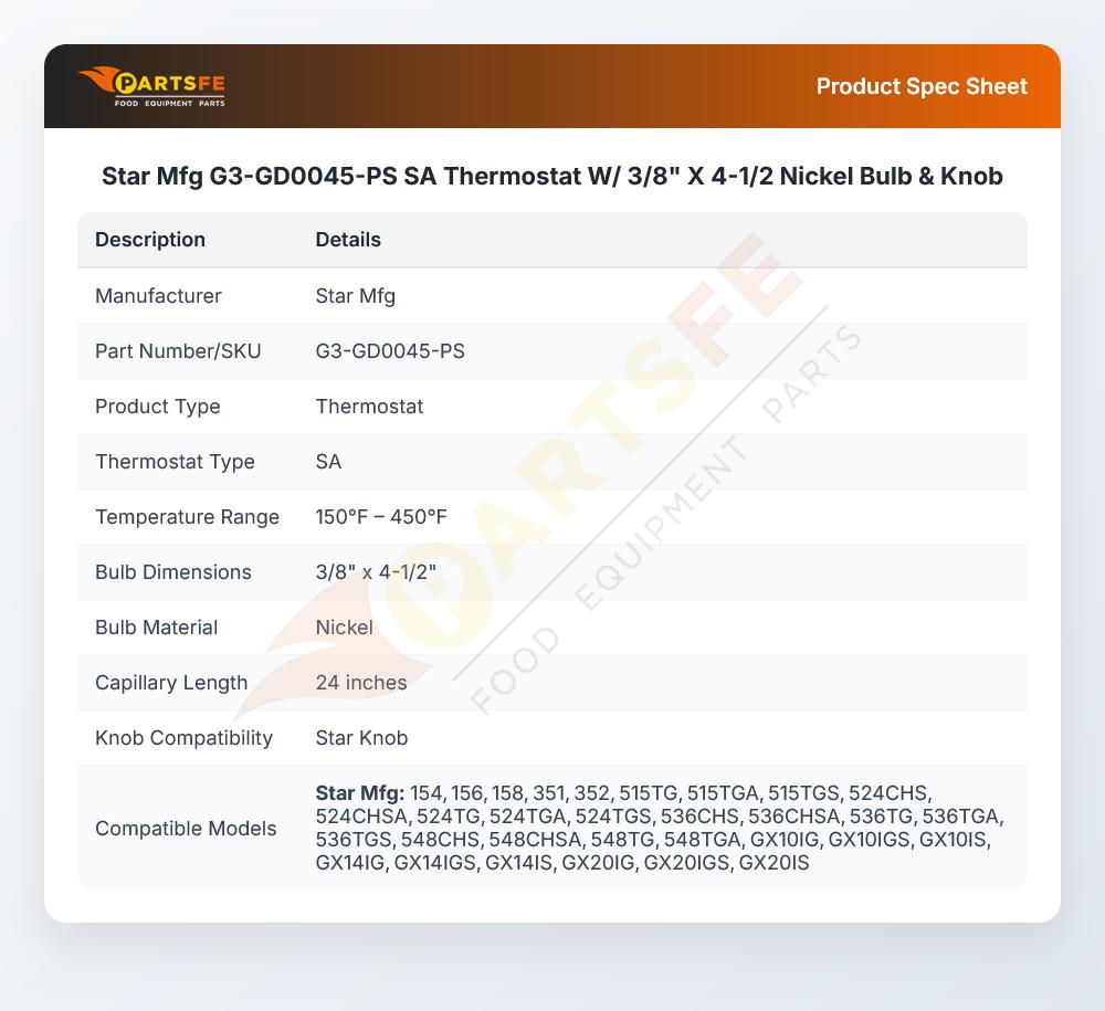 Star Mfg G3-GD0045-PS SA Thermostat W/ 3/8" X 4-1/2 Nickel Bulb & Knob