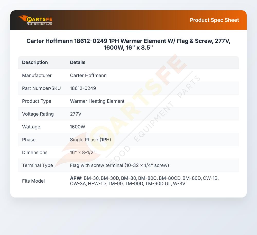 Carter Hoffmann 18612-0249 1PH Warmer Element W/ Flag & Screw, 277V, 1600W, 16" x 8.5"