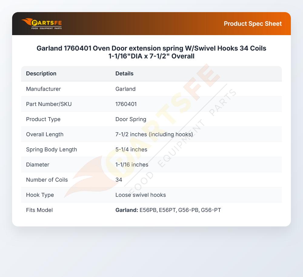 Garland 1760401 Oven Door extension spring W/Swivel Hooks 34 Coils 1-1/16"DIA x 7-1/2" Overall
