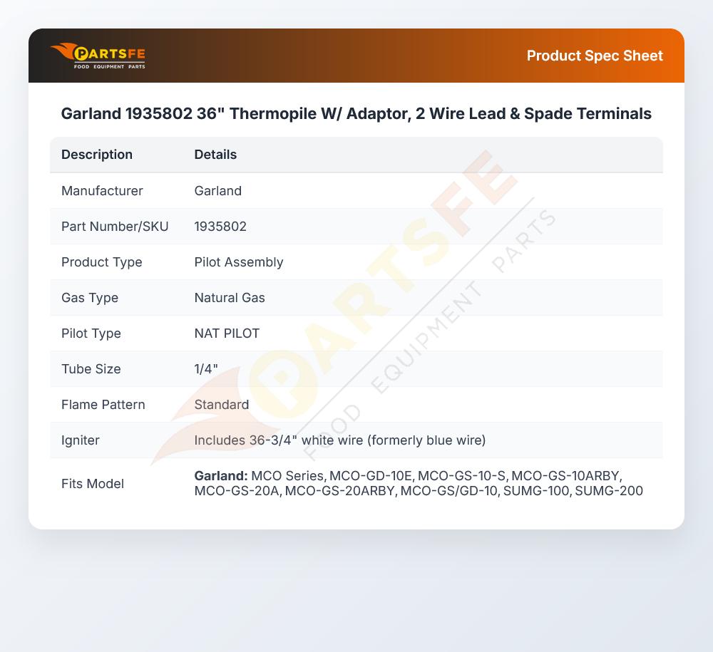 Garland 1935802 36" Thermopile W/ Adaptor, 2 Wire Lead & Spade Terminals