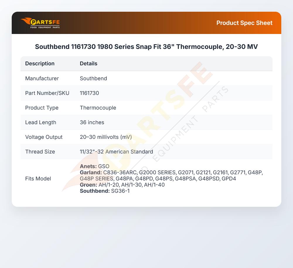 Southbend 1161730 1980 Series Snap Fit 36" Thermocouple, 20-30 MV