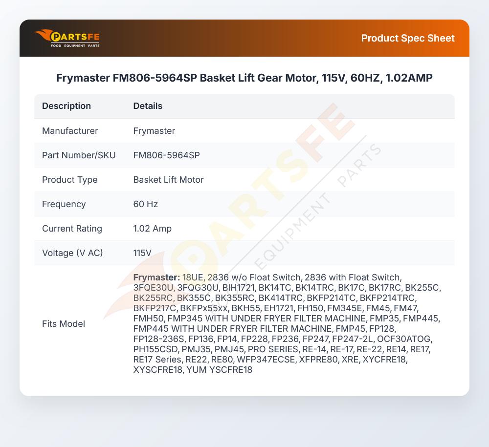 Frymaster FM806-5964SP Fryer Basket Lift Gear Motor 1.02A 115V 60Hz