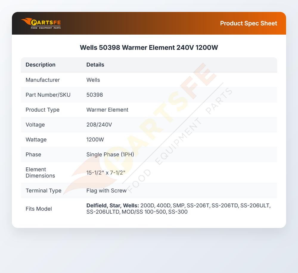 Wells 50398 Warmer Element 240V 1200W