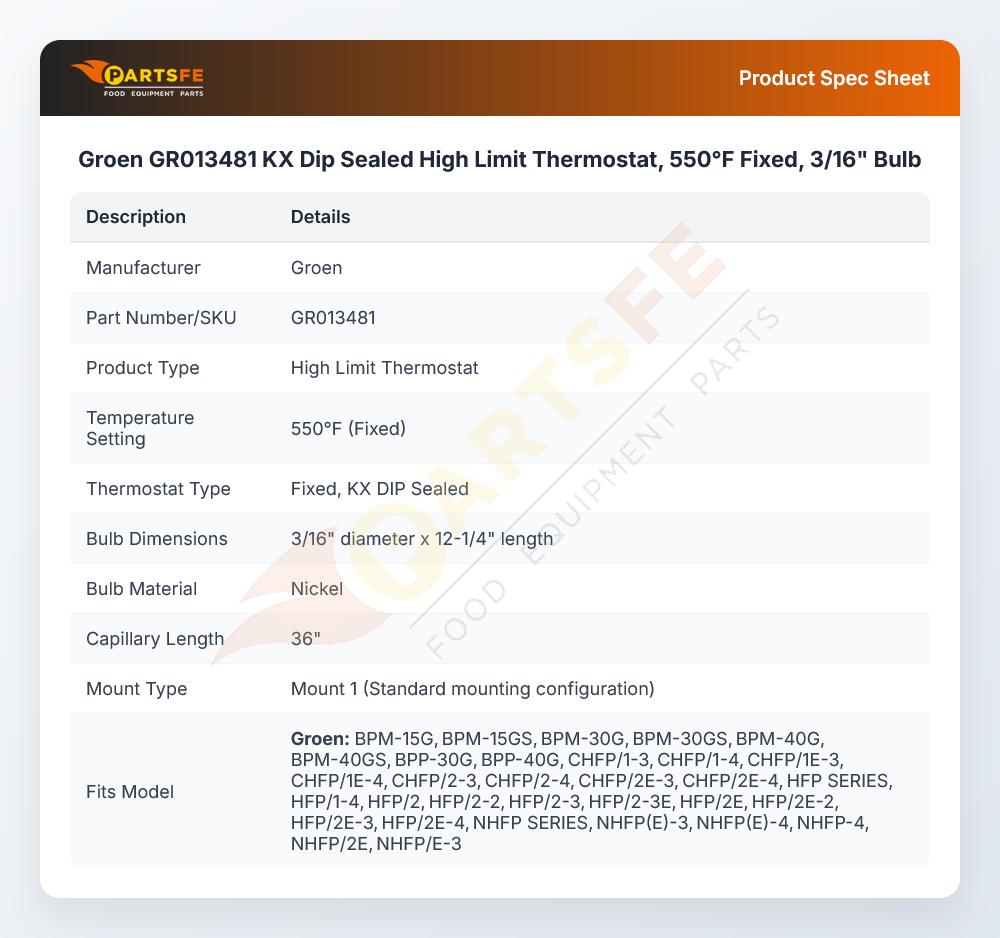 Groen GR013481 KX Dip Sealed High Limit Thermostat, 550&deg;F Fixed, 3/16" Bulb