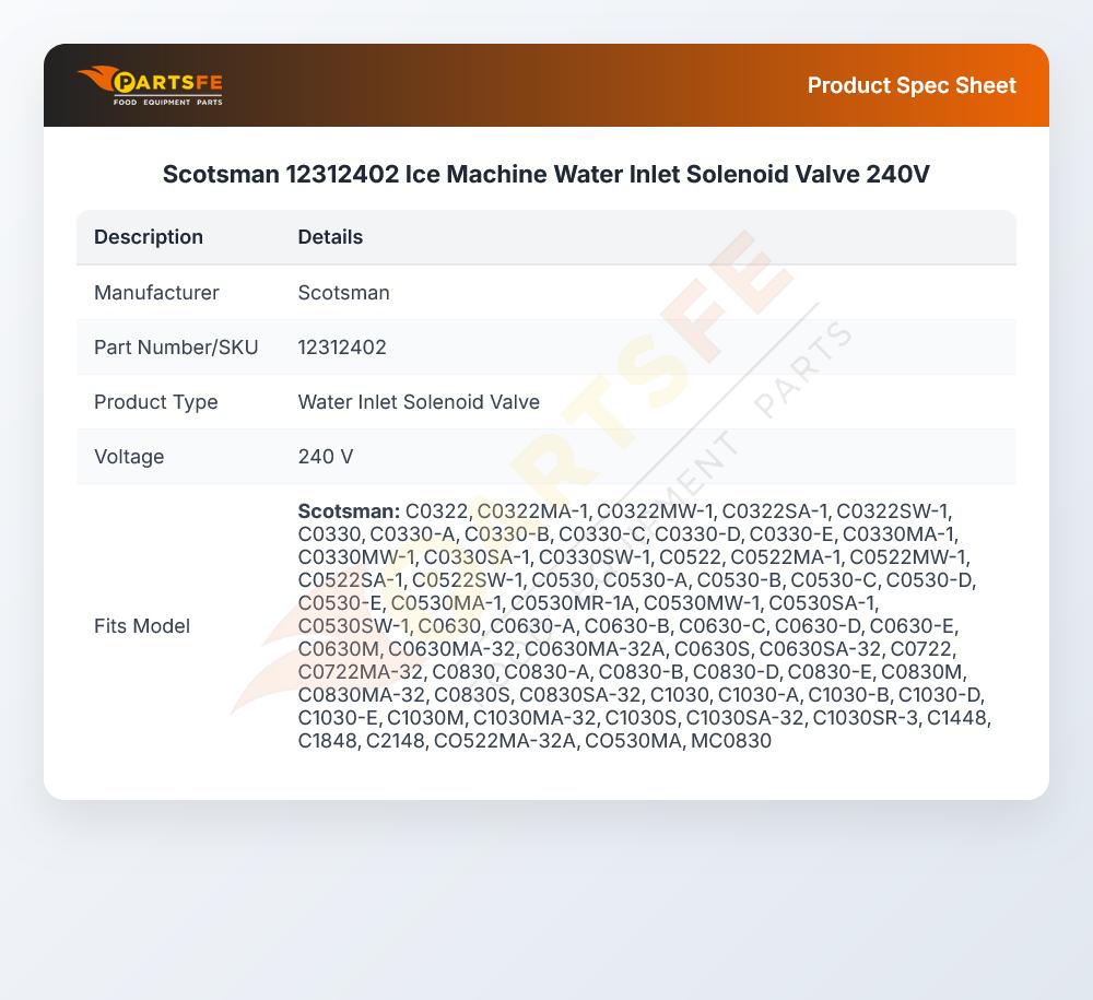 Scotsman 12312402 Ice Machine Water Inlet Solenoid Valve 240V