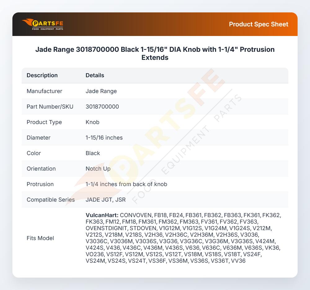 Jade Range 3018700000 Black 1-15/16" DIA Knob with 1-1/4" Protrusion Extends