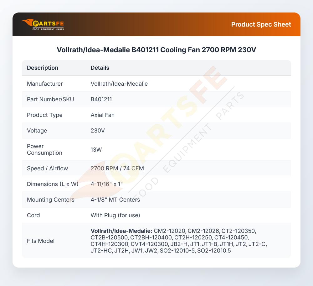 Vollrath/Idea-Medalie B401211 Cooling Fan 2700 RPM 230V