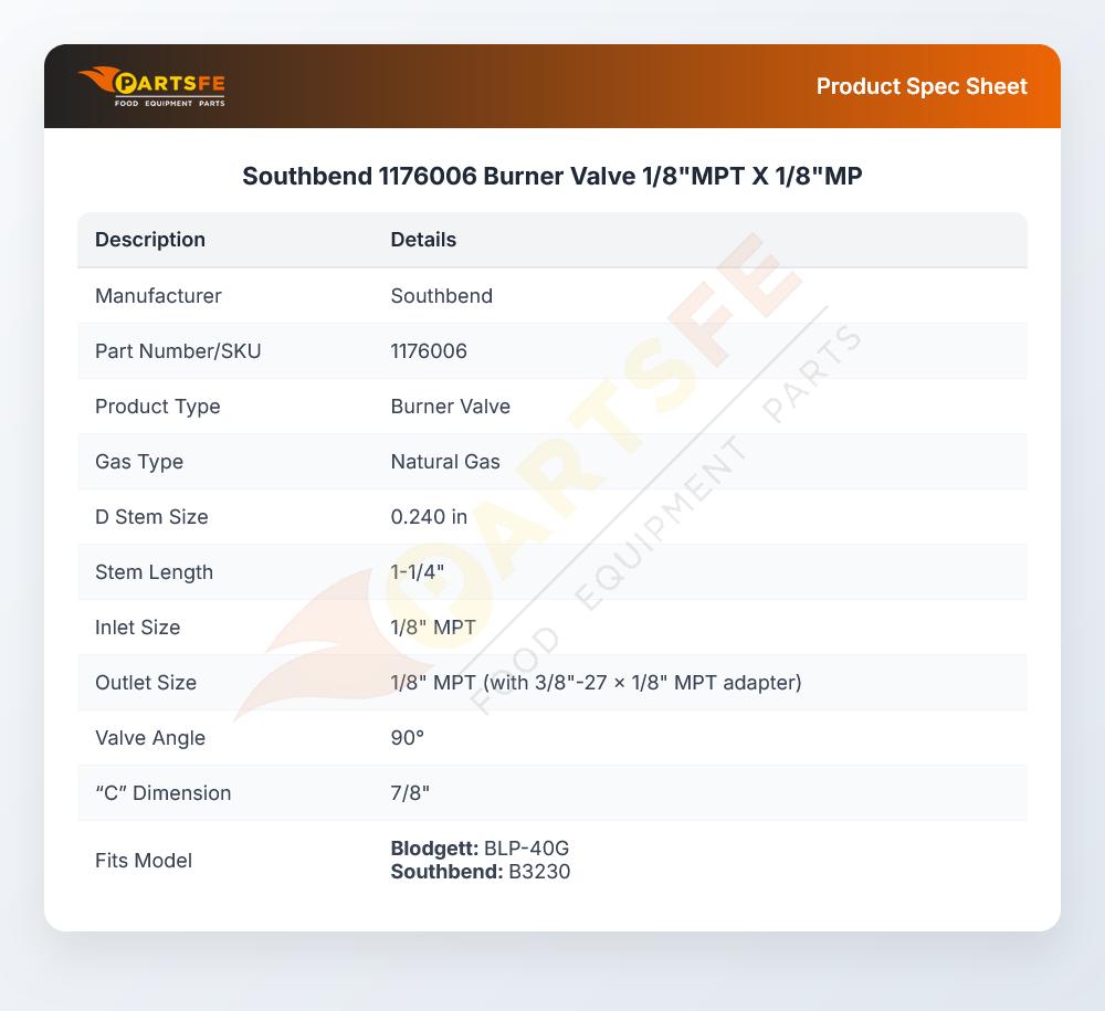 Southbend 1176006 Burner Valve 1/8"MPT X 1/8"MP