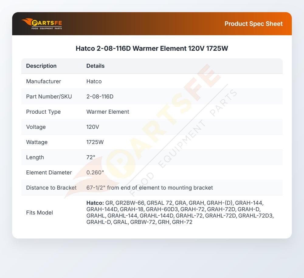 Hatco 2-08-116D Warmer Element 120V 1725W