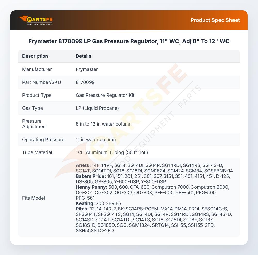 Frymaster 8170099 LP Gas Pressure Regulator, 11" WC, Adj 8" To 12" WC