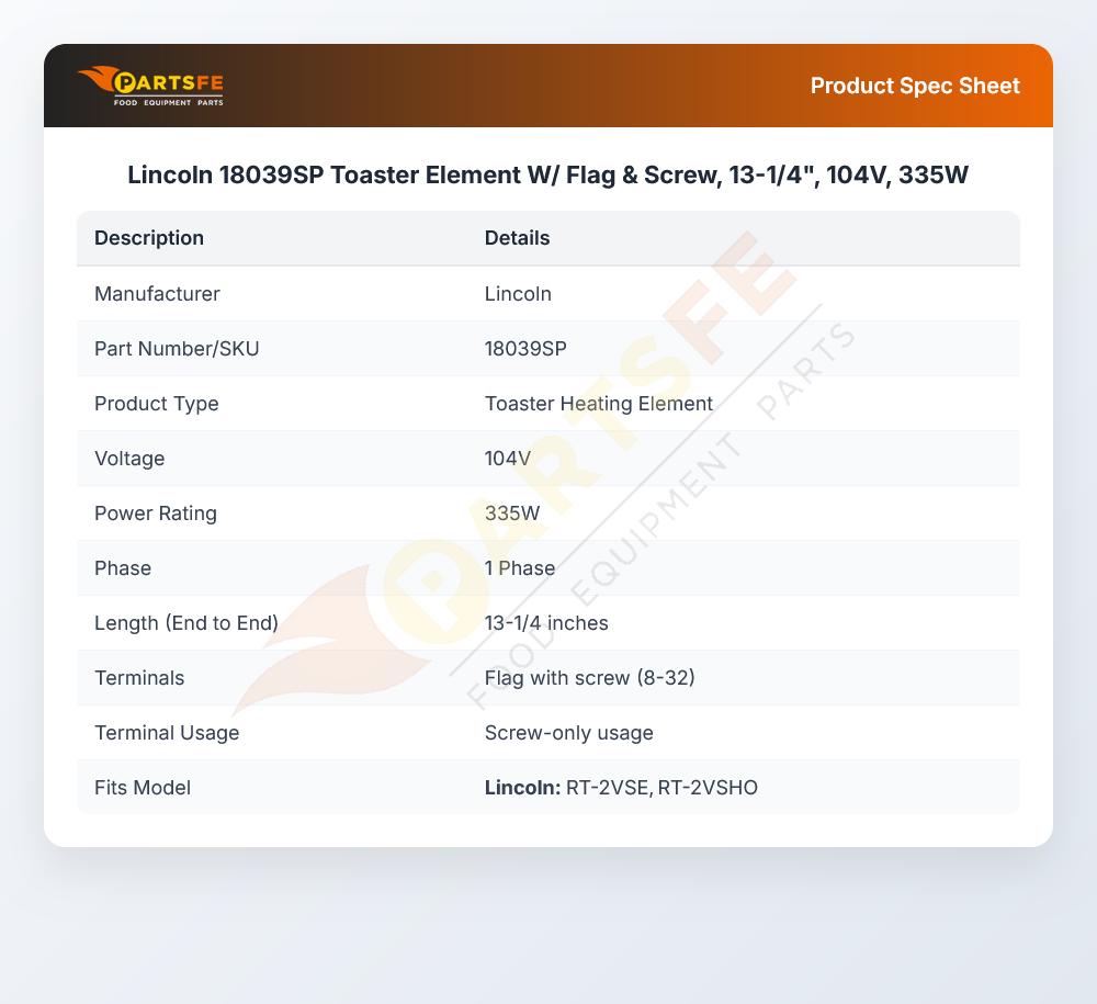 Lincoln 18039SP Toaster Element W/ Flag & Screw, 13-1/4", 104V, 335W