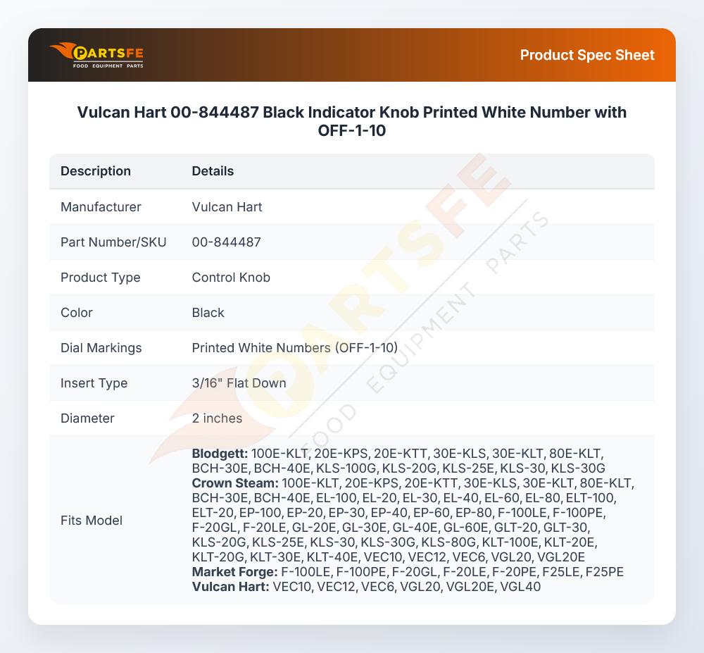 Vulcan Hart 00-844487 Black Indicator Knob Printed White Number with OFF-1-10