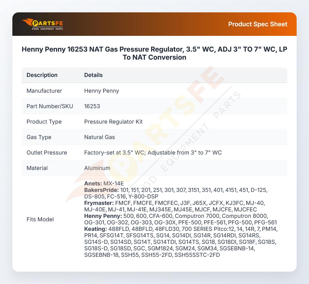 Henny Penny 16253 NAT Gas Pressure Regulator, 3.5" WC, ADJ 3" TO 7" WC,  LP To NAT Conversion