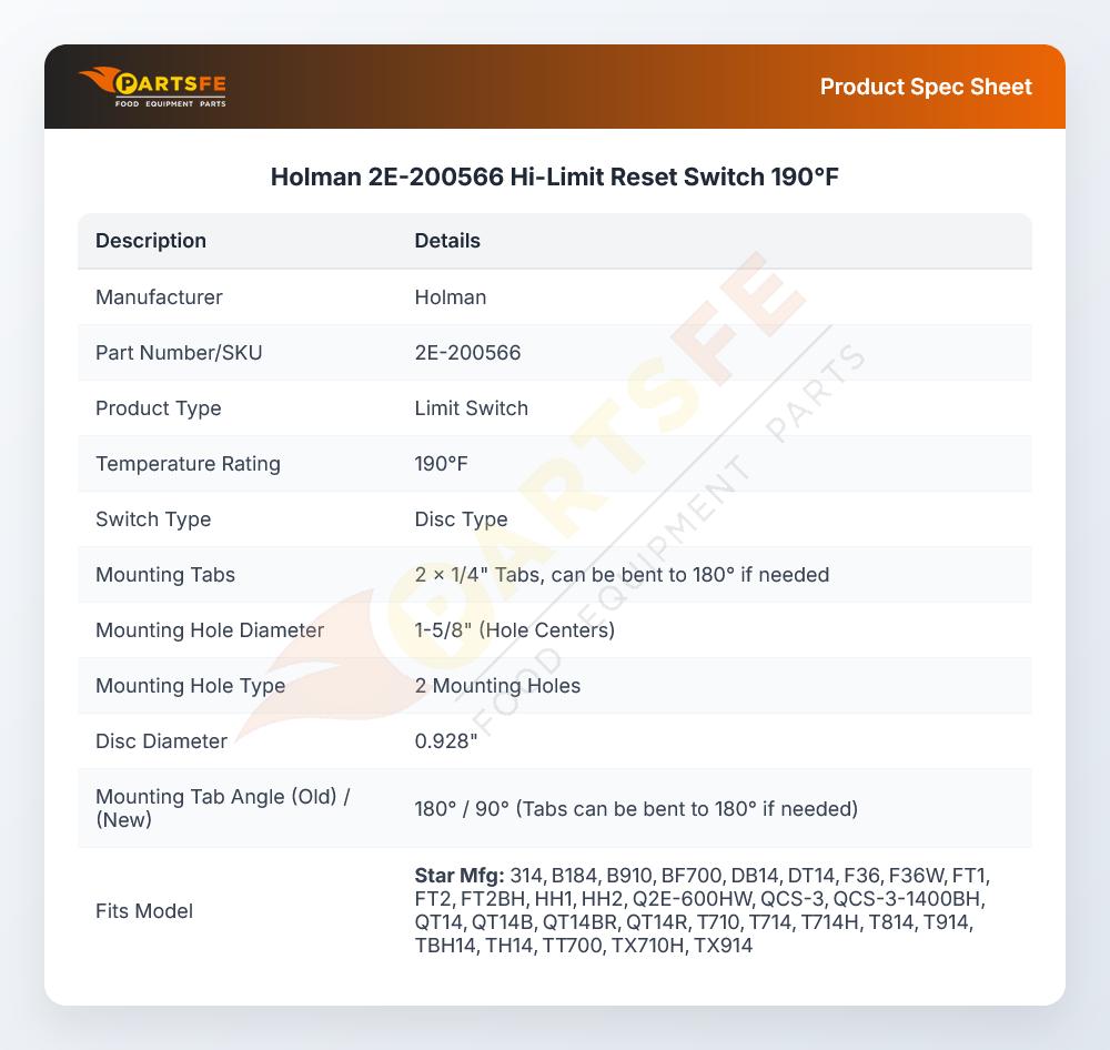 Holman 2E-200566 Hi-Limit Reset Switch 190&deg;F