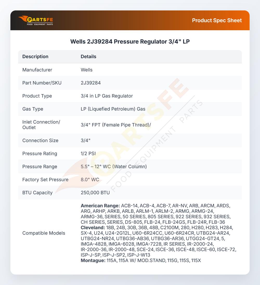 Wells 2J39284 Pressure Regulator 3/4" LP
