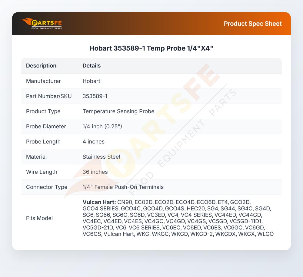 Hobart 353589-1 Temperature Probe 1/4" X 4"