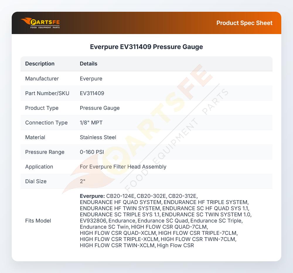 Everpure EV311409 Pressure Gauge 0-160 PSI