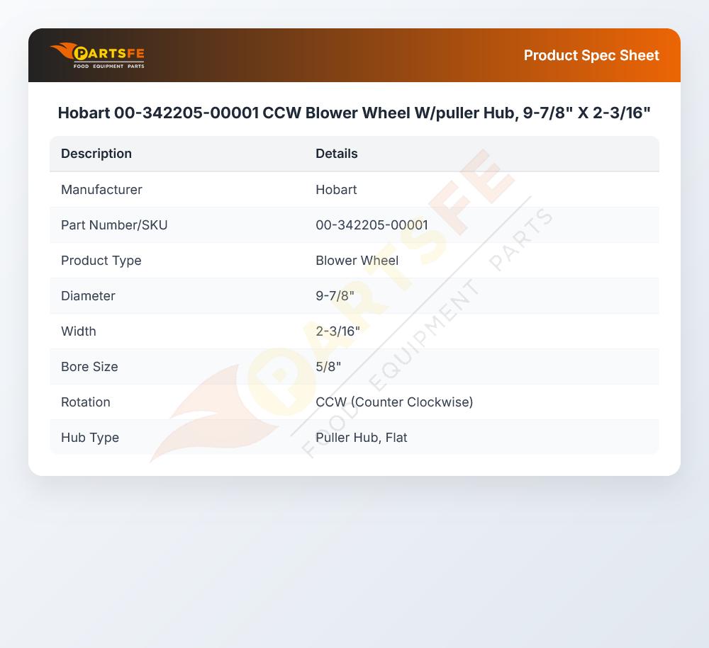 Hobart 00-342205-00001 CCW Blower Wheel W/puller Hub, 9-7/8" X 2-3/16"