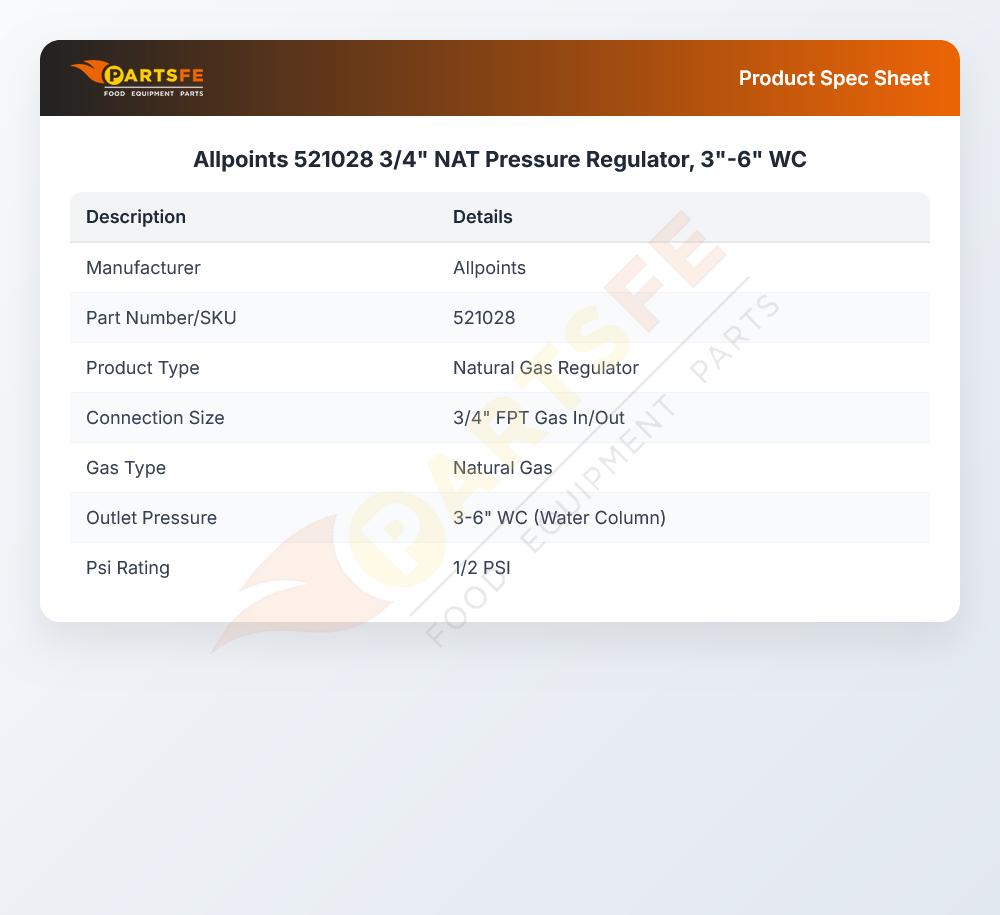 Allpoints 521028 3/4" NAT Pressure Regulator, 3"-6" WC