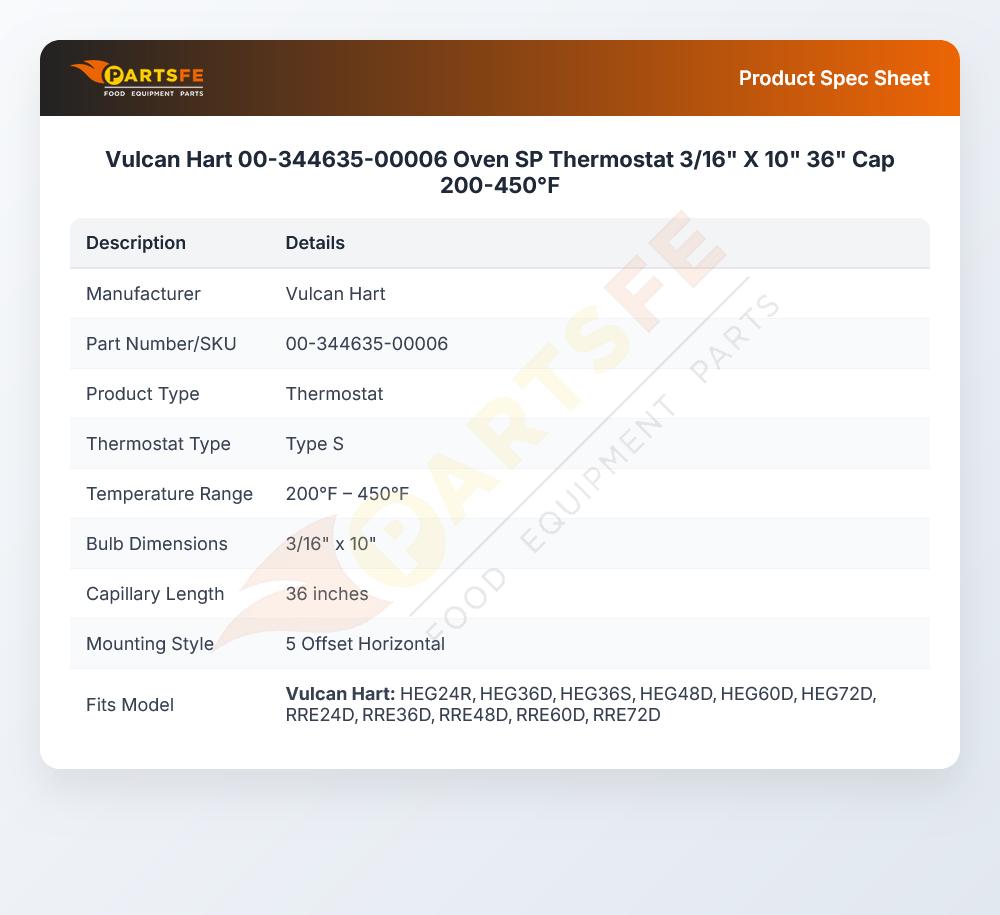 Vulcan Hart 00-344635-00006 Oven SP Thermostat 3/16" X 10" 36" Cap 200-450&deg;F