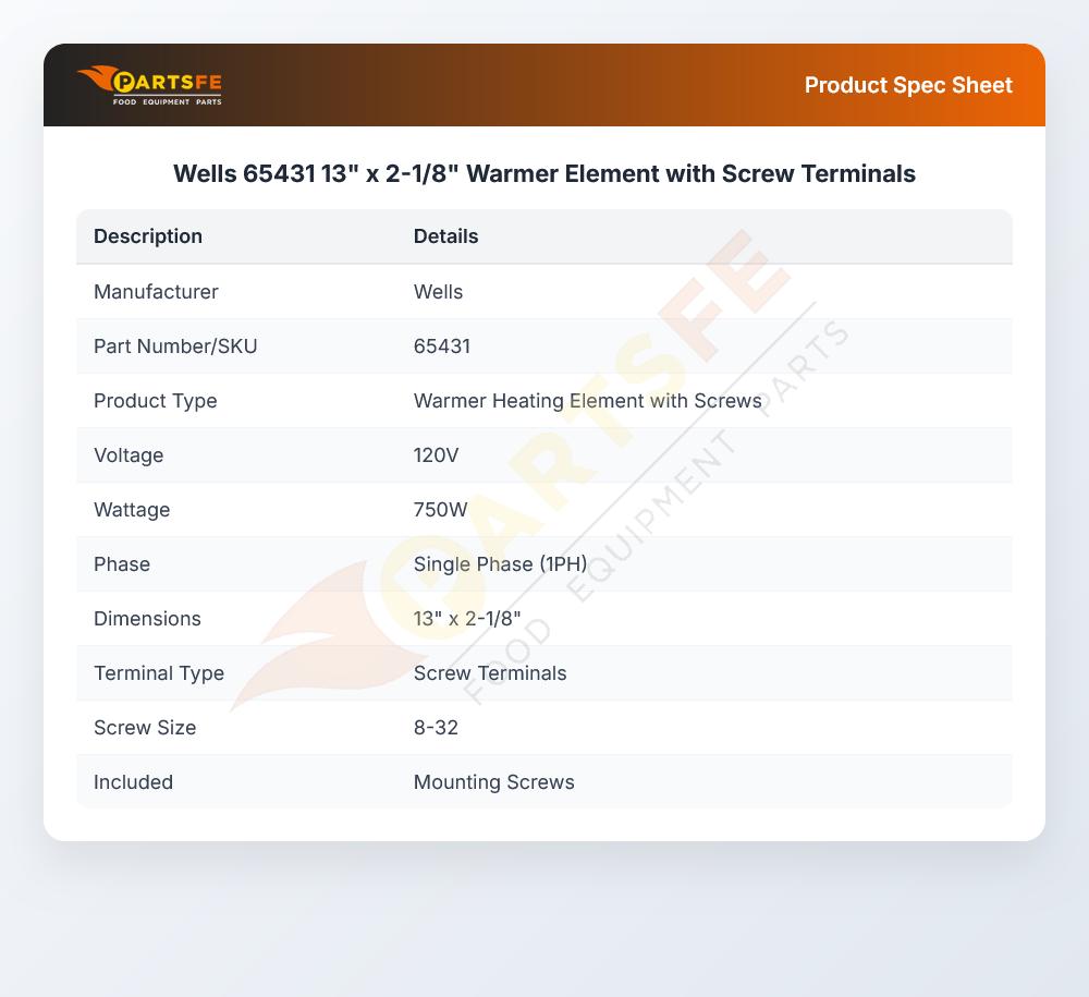 Wells 65431 Warmer Element 750W 120V