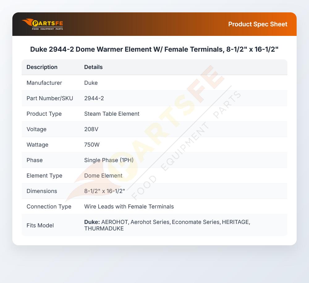 Duke 2944-2 Dome Warmer Element W/ Female Terminals, 8-1/2" x 16-1/2"