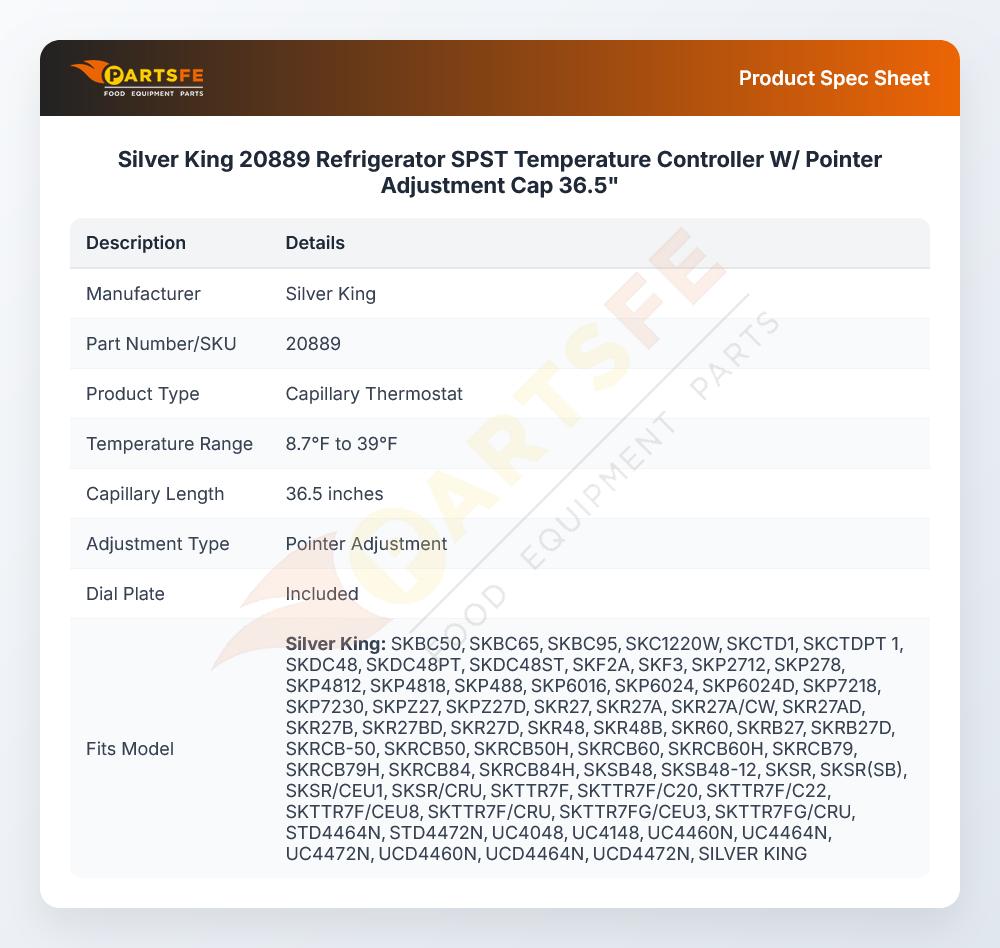 Silver King 20889 Refrigerator Temperature Control 8.7&deg;F To 39&deg;F 36.5" CAP