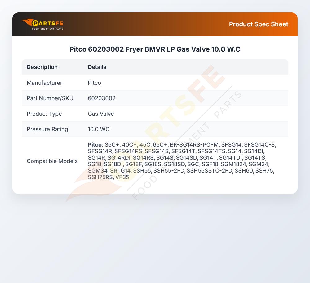 Pitco 60203002 Fryer BMVR LP Gas Valve 10.0 W.C