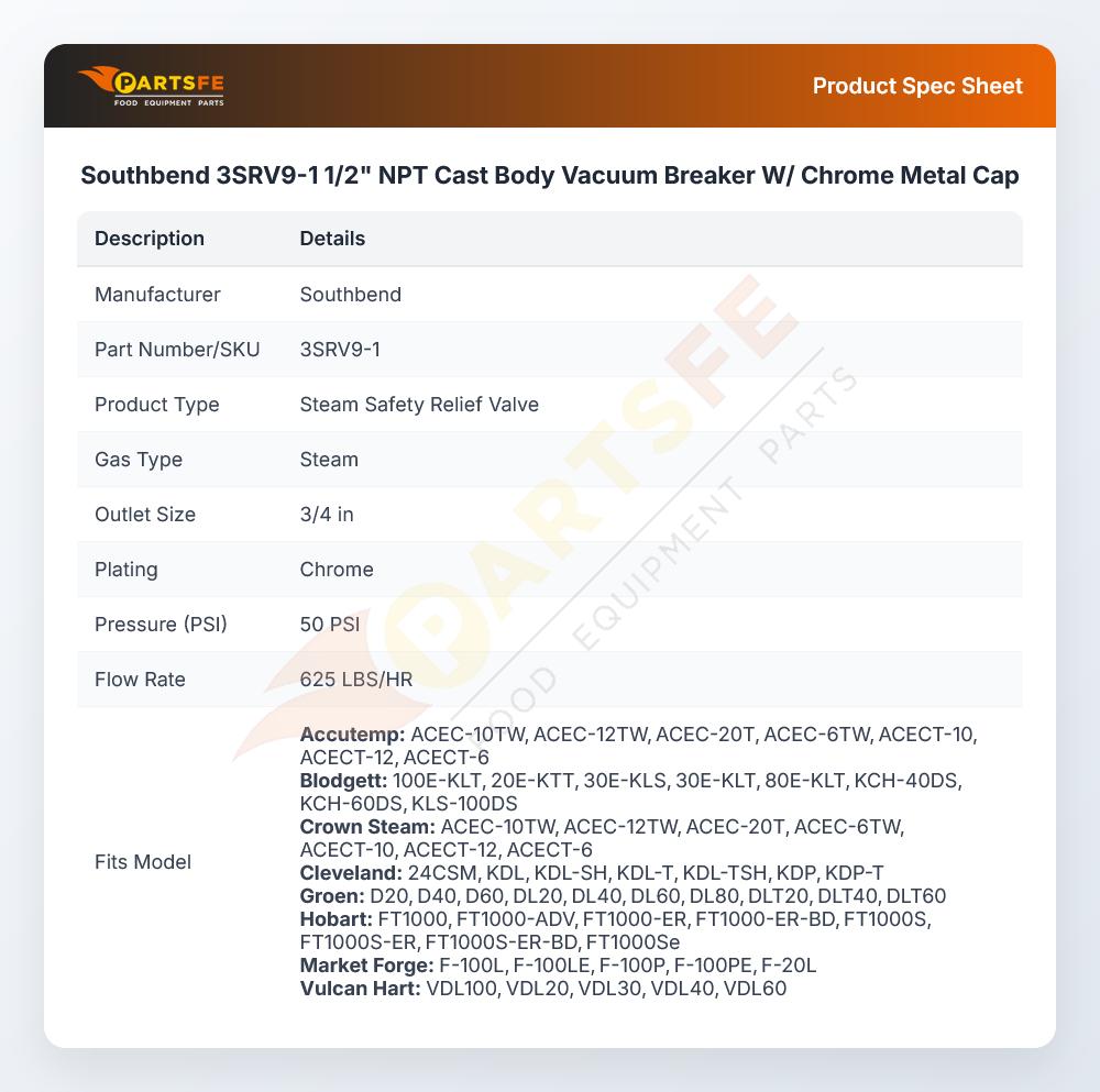 Southbend 3SRV9-1 Steam Jacketed Kettle Safety Valve 3/4" 50 PSI