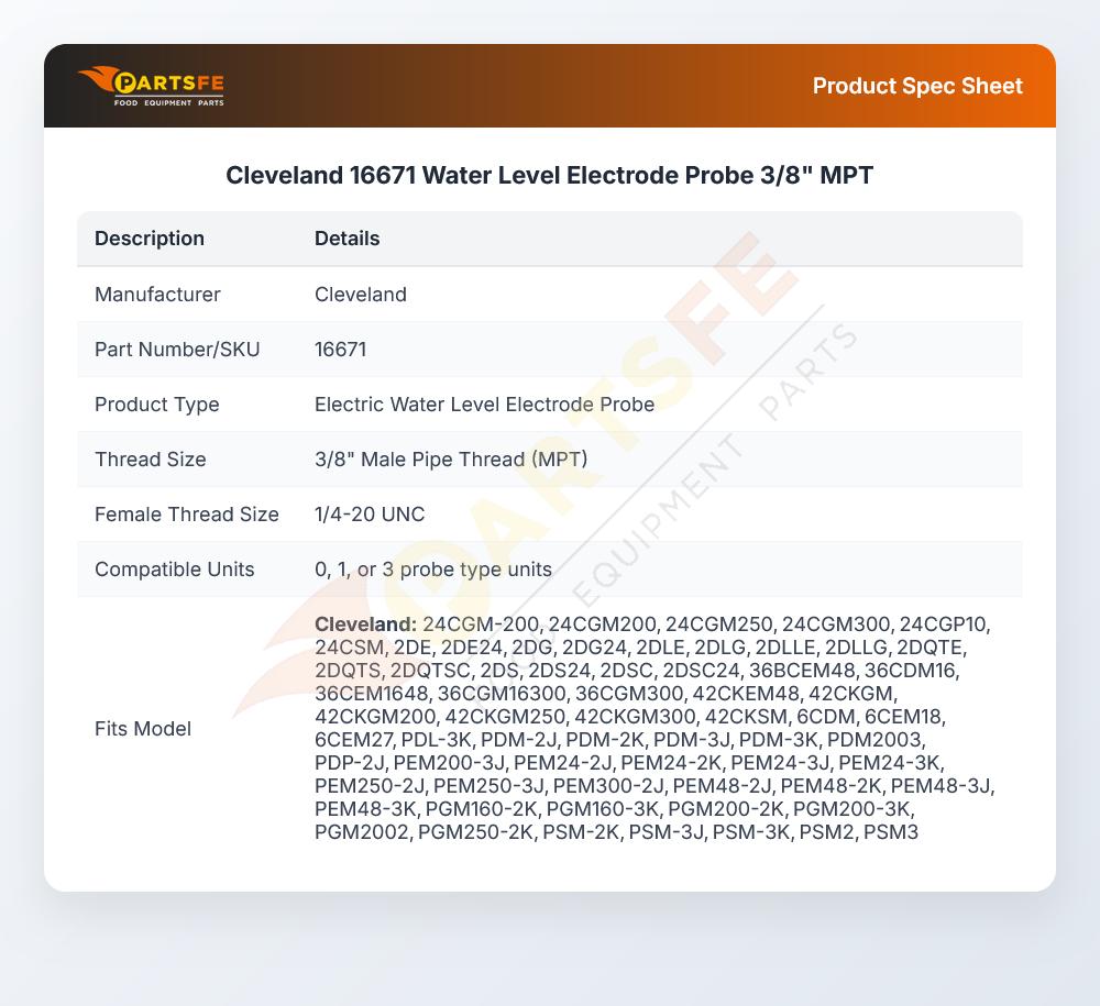 Cleveland 16671 Water Level Electrode Probe 3/8" MPT