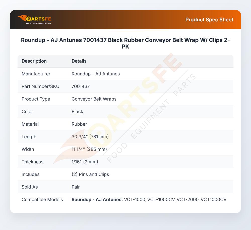 Roundup - AJ Antunes 7001437 Conveyor Belt Wrap W/Clips Black Rubber 2-PK