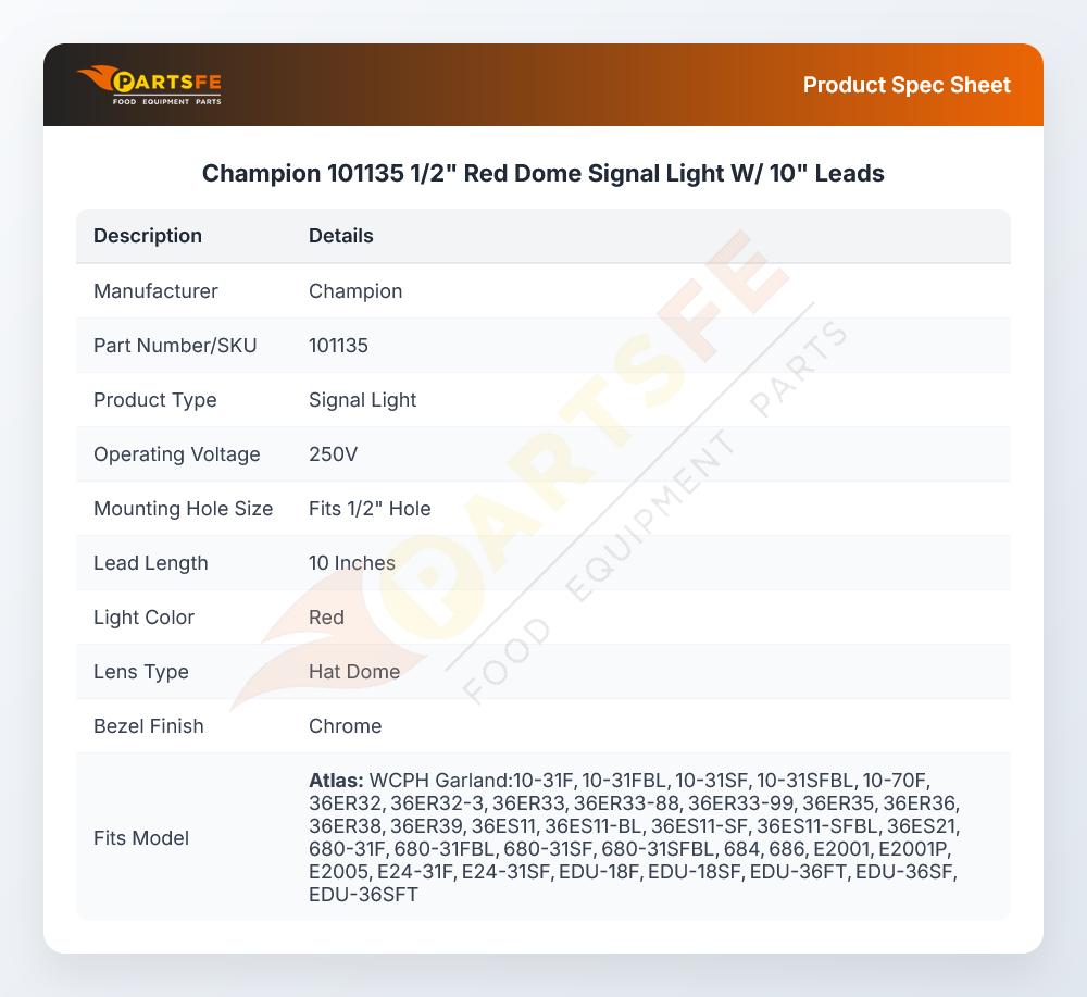 Champion 101135 1/2" Red Dome Signal Light W/ 10" Leads