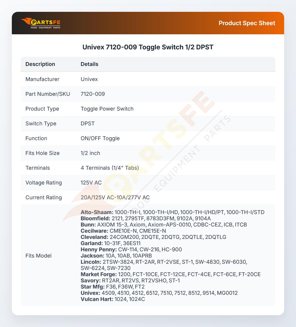 Univex 7120-009 Toggle Switch 1/2 DPST