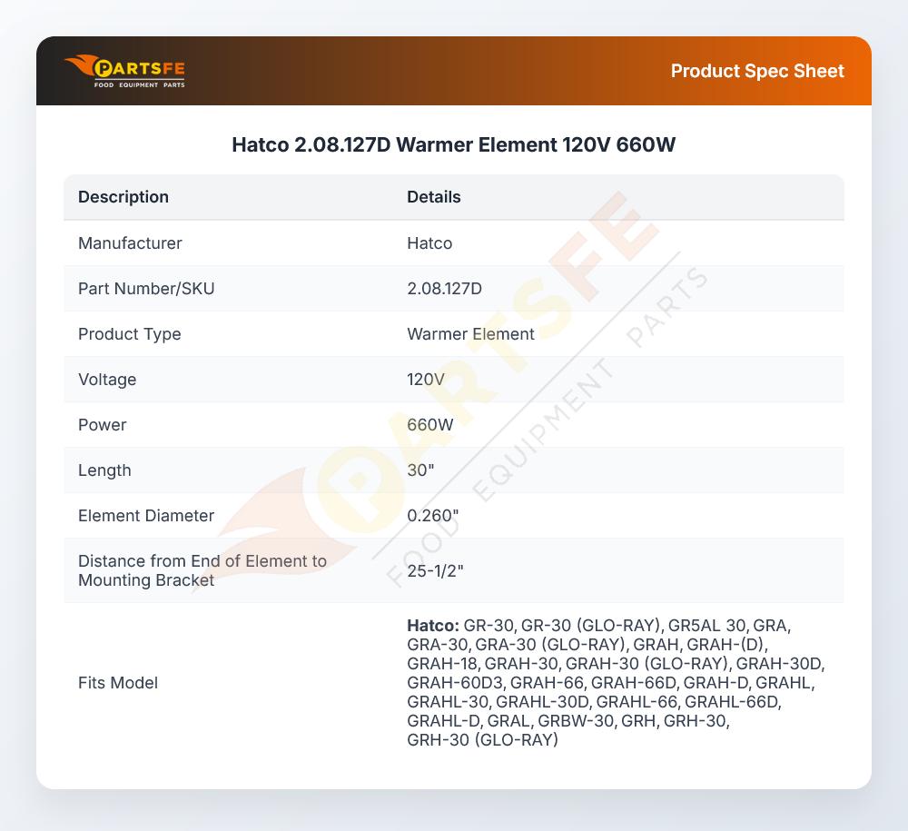 Hatco 2.08.127D Warmer Element 120V 660W