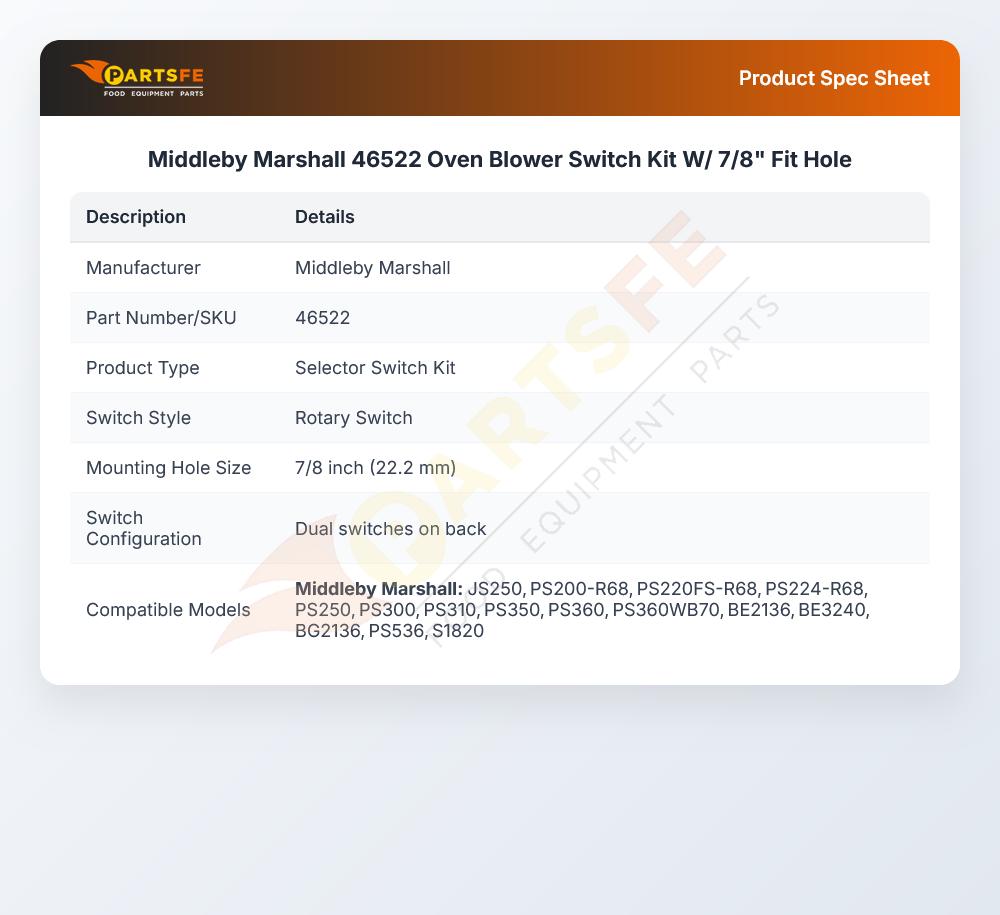 Middleby Marshall 46522 Oven Blower Switch Kit W/ 7/8" Fit Hole