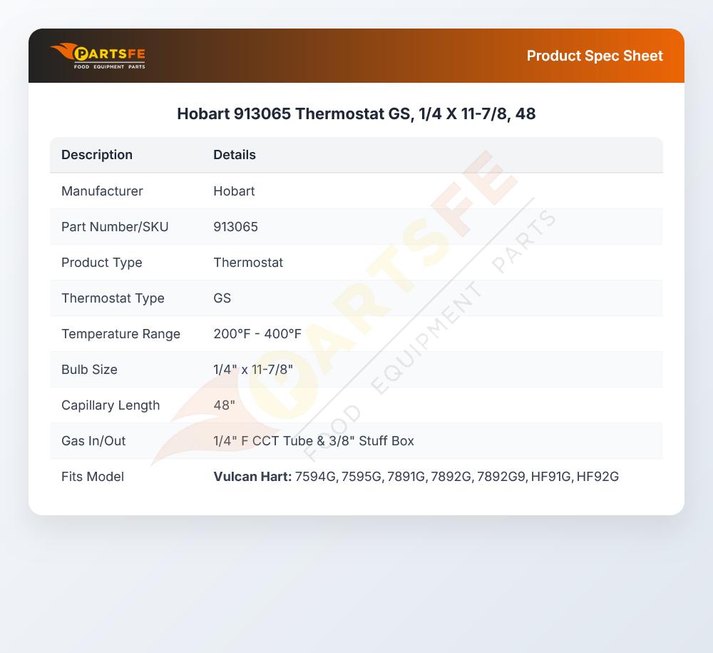 Hobart 913065 Thermostat 1/4" X 11-7/8" X 48" CAP GS