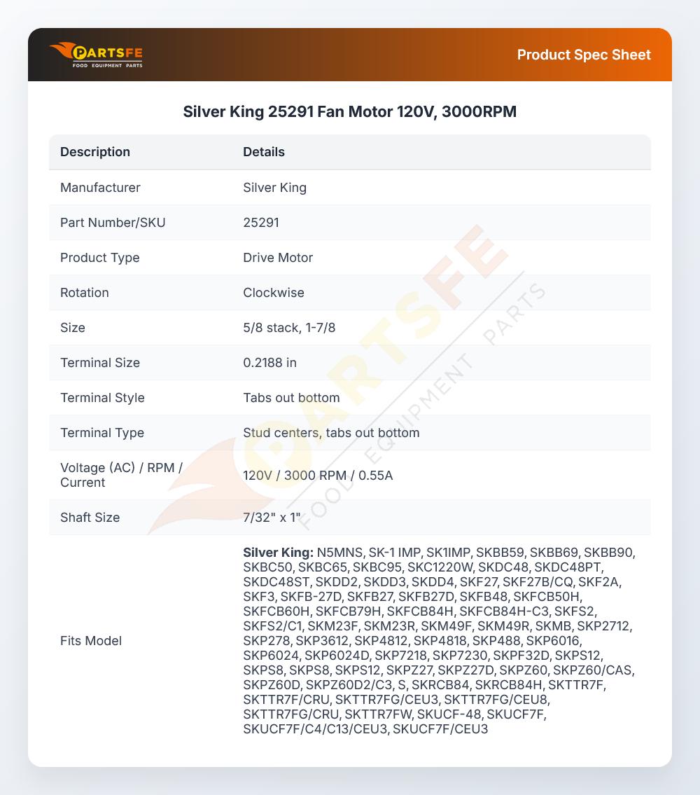 Silver King 25291 Fan Motor 120V, 3000RPM
