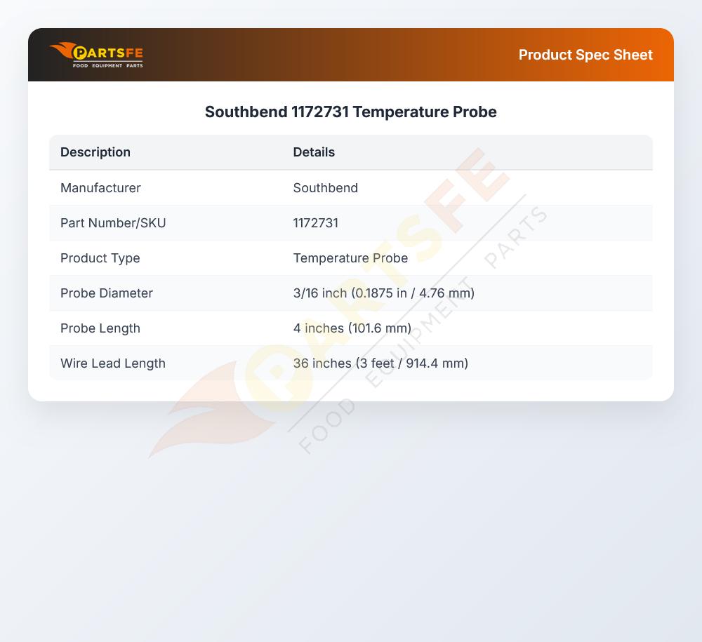Southbend 1172731 Temperature Probe 3/16" X 4" W/36" Wire Leads