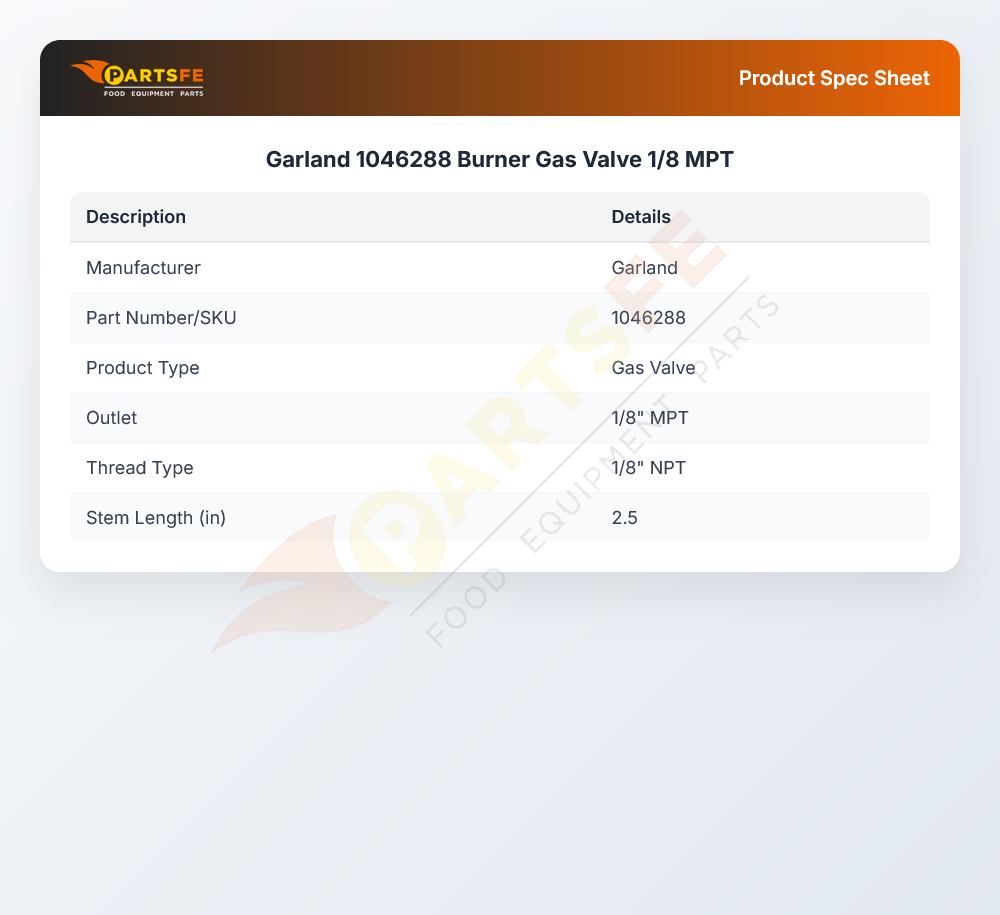 Garland 1046288 Burner Gas Valve 1/8 MPT