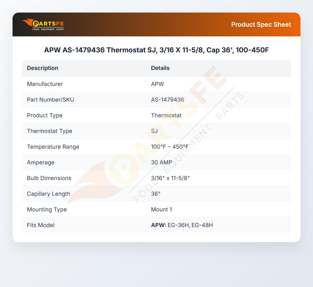 APW AS-1479436 Thermostat SJ, 3/16 X 11-5/8, Cap 36', 100-450F