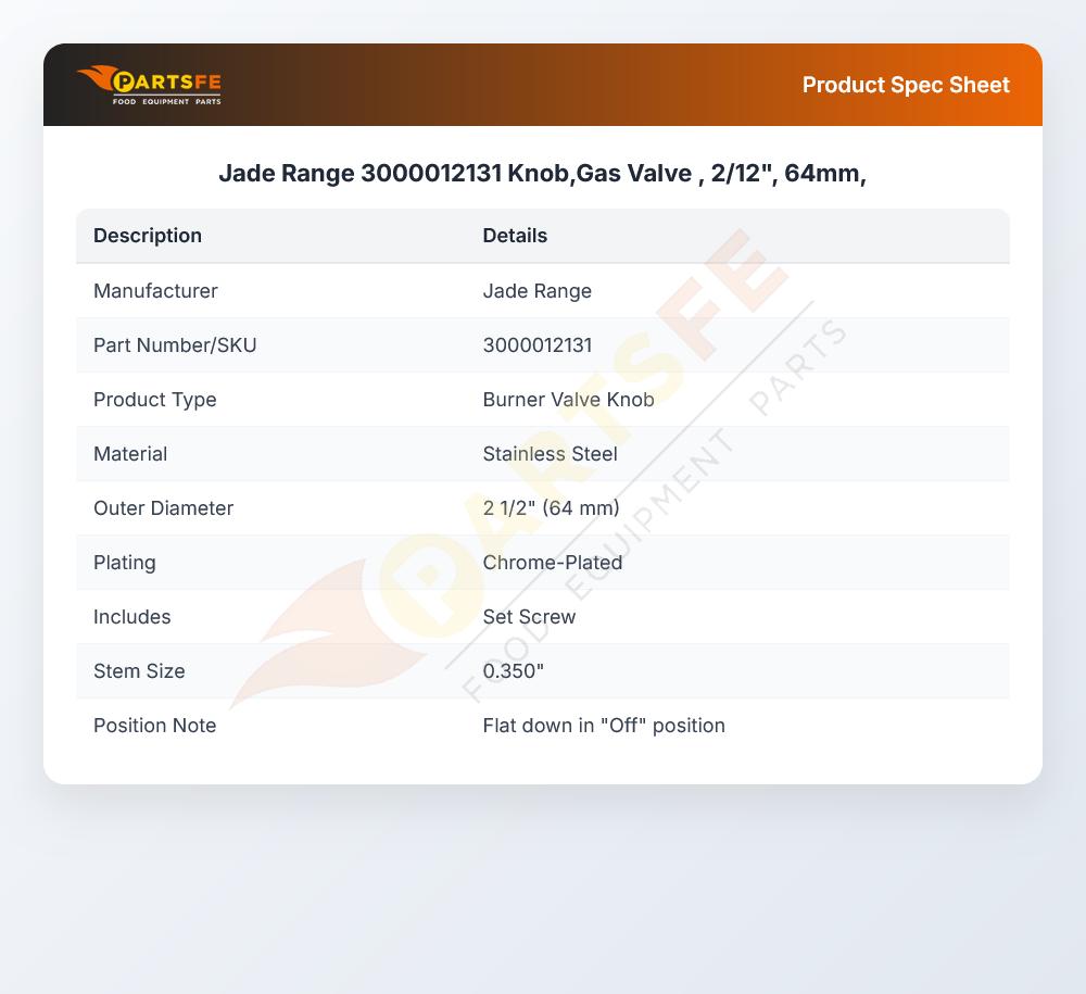 Jade Range 3000012131 Burner Knob 2/12" 64mm