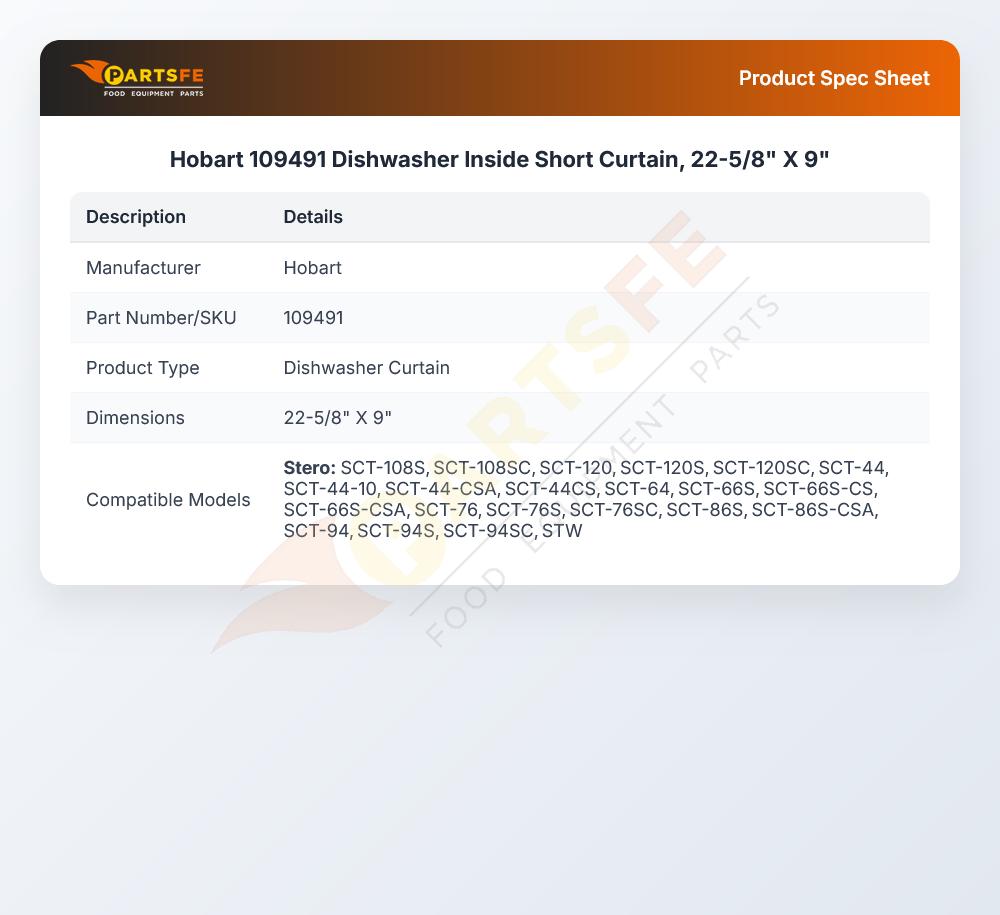 Hobart 109491 Dishwasher Inside Short Curtain, 22-5/8" X 9"