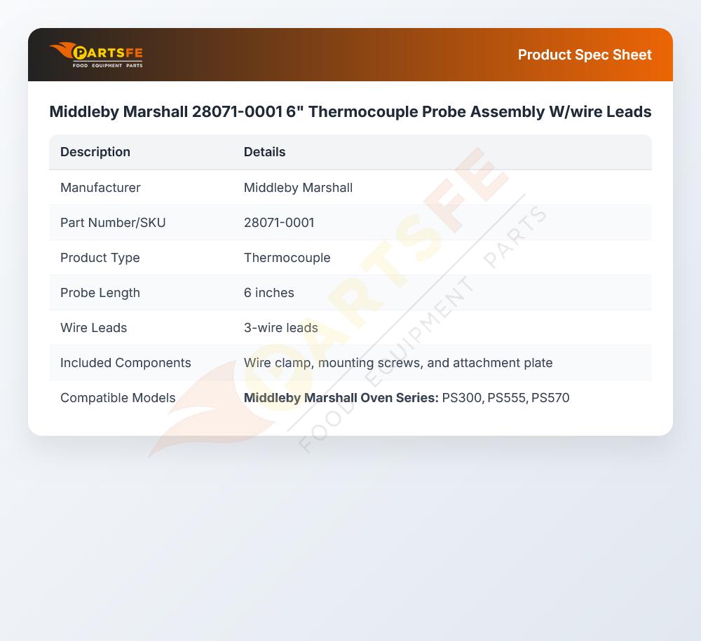Middleby Marshall 28071-0001 6" Thermocouple Probe Assembly W/wire Leads